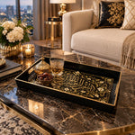 Ramadan & Eid al-Fitr Plastic Serving Tray – Calligraphy Scroll Panel plastic serving tray shown in a rectangular styled scene.