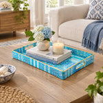 Daily Decorative Plastic Serving Tray – Aqua Mosaic Patchwork full-print plastic serving tray shown in a styled room scene.