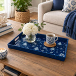 Christmas Decorative Serving Tray – Scattered Snowflake Field plastic serving tray shown in a rectangular styled scene.
