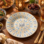Ramadan Decorative Charger Plate β Allah Calligraphy Rings full-print plastic serving tray shown in a styled room scene.