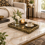 Ramadan Decorative Plastic Serving Tray – Midnight Gold Calligraphy full-print plastic serving tray shown in a styled room scene.