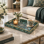 Ramadan Decorative Plastic Serving Tray – Turquoise Arabesque Rosette full-print plastic serving tray shown in a styled room scene.