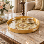 Ramadan & Eid al-Fitr Plastic Serving Tray – Golden Rose Damask plastic serving tray shown in a round styled scene.