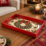 Christmas Decorative Serving Tray – Ribbon Holly Wreath plastic serving tray shown in a rectangular product view.