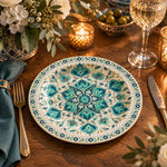 Ramadan Decorative Charger Plate β Teal Iznik Floral Medallion full-print plastic serving tray shown in a styled room scene.