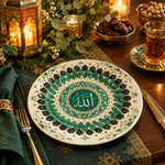 Ramadan Decorative Charger Plate – Teardrop Leaf Calligraphy full-print plastic serving tray shown in a styled room scene.