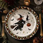 Flying Witch Pumpkin Cat Decorative Plastic Plate – Plaid Border - MintiHome
