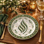 Ramadan Decorative Charger Plate – Iznik Flame Medallion full-print plastic serving tray shown in a styled room scene.