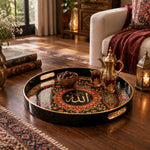 Ramadan & Eid al-Fitr Plastic Serving Tray – Domed Calligraphy Panel plastic serving tray shown in a round styled scene.