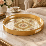 Ramadan & Eid al-Fitr Plastic Serving Tray – Golden Rose Damask plastic serving tray shown in a round product view.