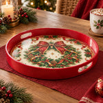 Christmas Decorative Serving Tray – Ribbon Holly Wreath plastic serving tray shown in a round product view.