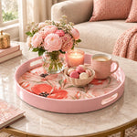 Valentine's Day Plastic Serving Tray – Coral Watercolor Bloom plastic serving tray shown in a round styled scene.