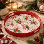 Poinsettia and Plaid Bow Christmas Plastic Serving Tray, Red Rim - MintiHome