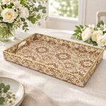 Ramadan Decorative Plastic Serving Tray – Sepia Ogee Floral Grid full-print plastic serving tray shown in a product view.