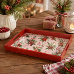 Poinsettia and Plaid Bow Christmas Plastic Serving Tray, Red Rim - MintiHome
