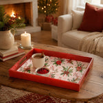 Poinsettia and Plaid Bow Christmas Plastic Serving Tray, Red Rim - MintiHome