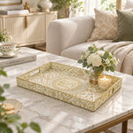 Ramadan Decorative Plastic Serving Tray – Ivory Damask Calligraphy full-print plastic serving tray shown in a styled room scene.