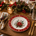 Red Poinsettia Pinecone Christmas Charger Plate with Bow - MintiHome