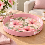 Valentine's Day Plastic Serving Tray – Pink Hibiscus Watercolor plastic serving tray shown in a round product view.
