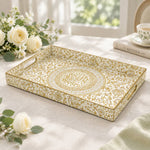 Ramadan Decorative Plastic Serving Tray – Ivory Damask Calligraphy full-print plastic serving tray shown in a product view.