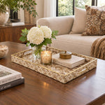 Ramadan Decorative Plastic Serving Tray – Sepia Ogee Floral Grid full-print plastic serving tray shown in a styled room scene.