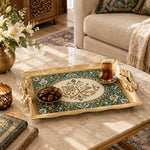 Ramadan & Eid Vintage Handle Tray – Teal Floral Vine Calligraphy - MintiHome