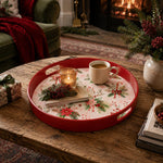 Poinsettia and Plaid Bow Christmas Plastic Serving Tray, Red Rim - MintiHome