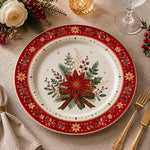 Red Poinsettia Pinecone Christmas Charger Plate with Bow - MintiHome