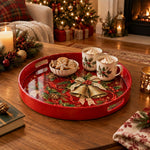 Christmas Decorative Serving Tray – Golden Bell Duo plastic serving tray shown in a round styled scene.