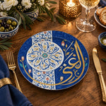 Ramadan Decorative Charger Plate – Blue Iznik Tulip Panel full-print plastic serving tray shown in a styled room scene.