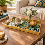Ramadan & Eid al-Fitr Plastic Serving Tray β Turquoise Lotus Scroll plastic serving tray shown in a rectangular styled scene.