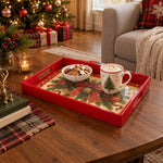 Christmas Decorative Serving Tray – Pinecone Bow Medallion plastic serving tray shown in a rectangular styled scene.