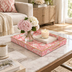 Ocean Decorative Plastic Serving Tray – Pink Shell Garden full-print plastic serving tray shown in a styled room scene.