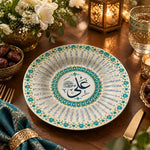 Ramadan Decorative Charger Plate – Teal Rosette Calligraphy full-print plastic serving tray shown in a styled room scene.