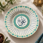 Ramadan Decorative Charger Plate – Teal Rosette Calligraphy full-print plastic serving tray shown in a product view.