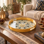 Ramadan & Eid al-Fitr Plastic Serving Tray – Lotus Mandala Roundel plastic serving tray shown in a round styled scene.