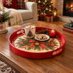 Christmas Decorative Serving Tray – Pinecone Bow Medallion plastic serving tray shown in a round styled scene.