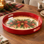 Christmas Decorative Serving Tray – Pinecone Bow Medallion plastic serving tray shown in a round product view.