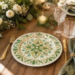 Ramadan Decorative Charger Plate – Green Gold Pearl Mandala full-print plastic serving tray shown in a styled room scene.