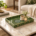 Ramadan Decorative Plastic Serving Tray – Calligraphy Ringed Disc full-print plastic serving tray shown in a styled room scene.
