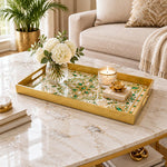 Ramadan & Eid al-Fitr Plastic Serving Tray – Jewelled Emerald Lattice plastic serving tray shown in a rectangular styled scene.