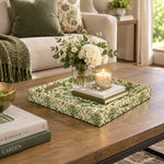 Ramadan Decorative Plastic Serving Tray – Jewel Rosette Lattice full-print plastic serving tray shown in a styled room scene.