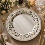 Christmas Plastic Plate – Gold Botanical Holly Pinecone Border - MintiHome