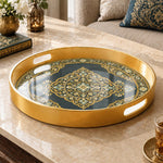 Ramadan & Eid al-Fitr Plastic Serving Tray – Navy Gold Arabesque plastic serving tray shown in a round product view.