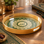 Ramadan & Eid al-Fitr Plastic Serving Tray – Petal Cartouche Roundel plastic serving tray shown in a round product view.