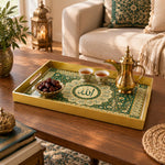 Ramadan & Eid al-Fitr Plastic Serving Tray – Petal Cartouche Roundel plastic serving tray shown in a rectangular styled scene.