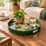 Ramadan & Eid al-Fitr Plastic Serving Tray – Tropical Palm Plumeria plastic serving tray shown in a round styled scene.