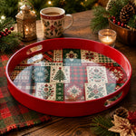 Red Christmas Patchwork Tray with Tree, Poinsettia and Snowflakes - MintiHome