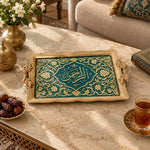 Teal and cream tray with gold trim featuring a lobed Arabic calligraphy panel and floral vines