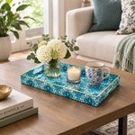 Ramadan Decorative Plastic Serving Tray – Damask Blossom Medallion full-print plastic serving tray shown in a styled room scene.